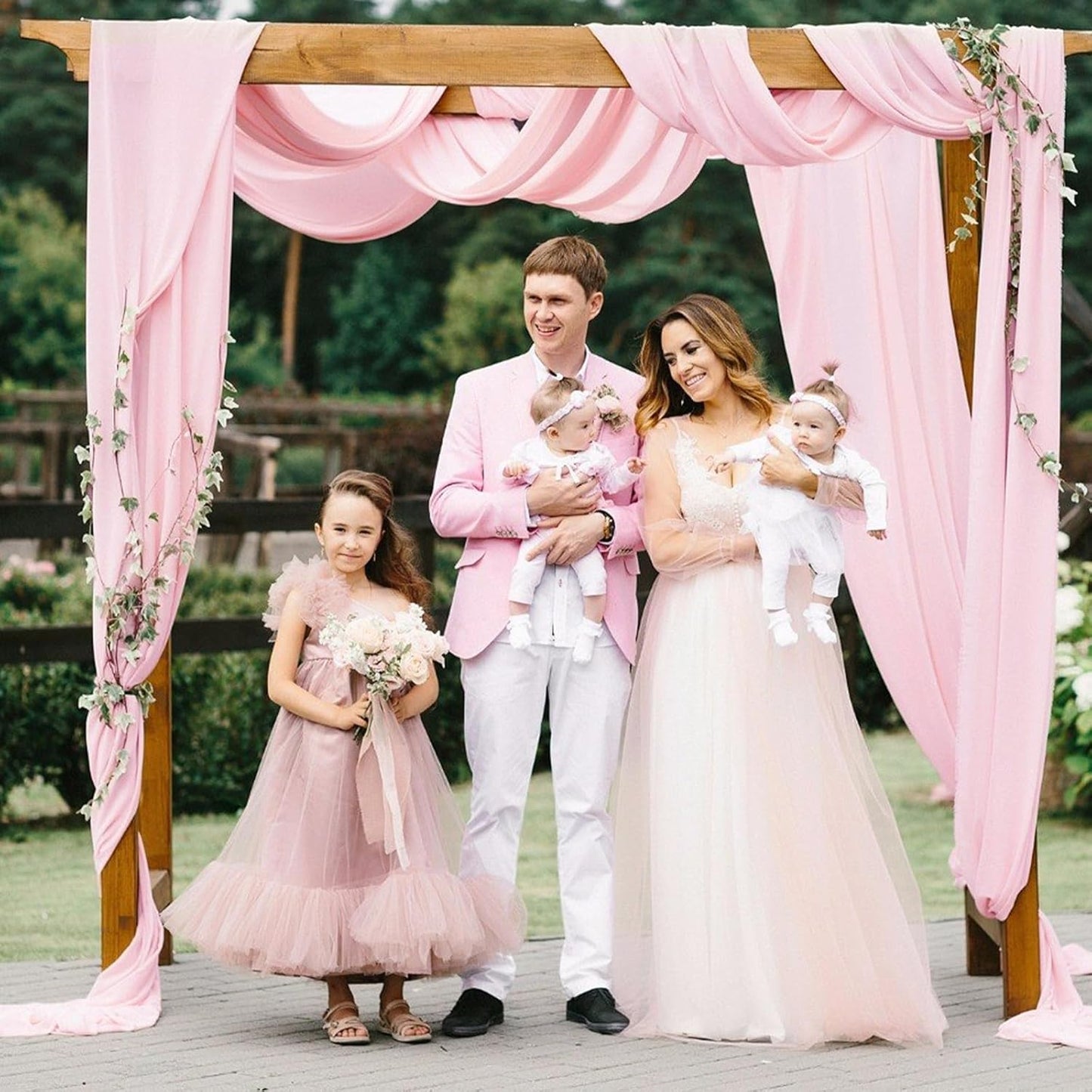 VOK Pink Wedding Arch Draping Fabric Chiffon Curtains, 29in x 18Ft Sheer Chiffon Outdoor Curtain for Wedding Ceremony Birthday Party Decoration (Light Pink,4 Panel)