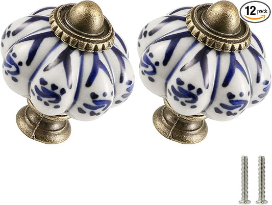 Ivory & Deep Blue Pumpkin Knobs 12 Pack Ceramic Cabinet Knobs Vintage Drawer by Zernmiarder