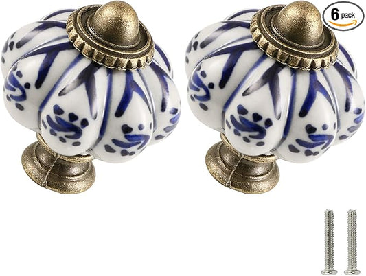 Ivory & Deep Blue Pumpkin Knobs 6 Pack Ceramic Cabinet Knobs Vintage Drawer by Zernmiarder