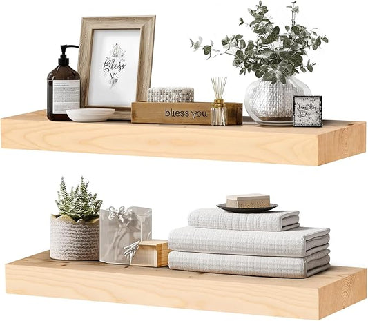 24x8x1.6 inch Floating Shelves Set of 2 – Solid Wood Rustic Wood Wall Mounted by YLYHSST