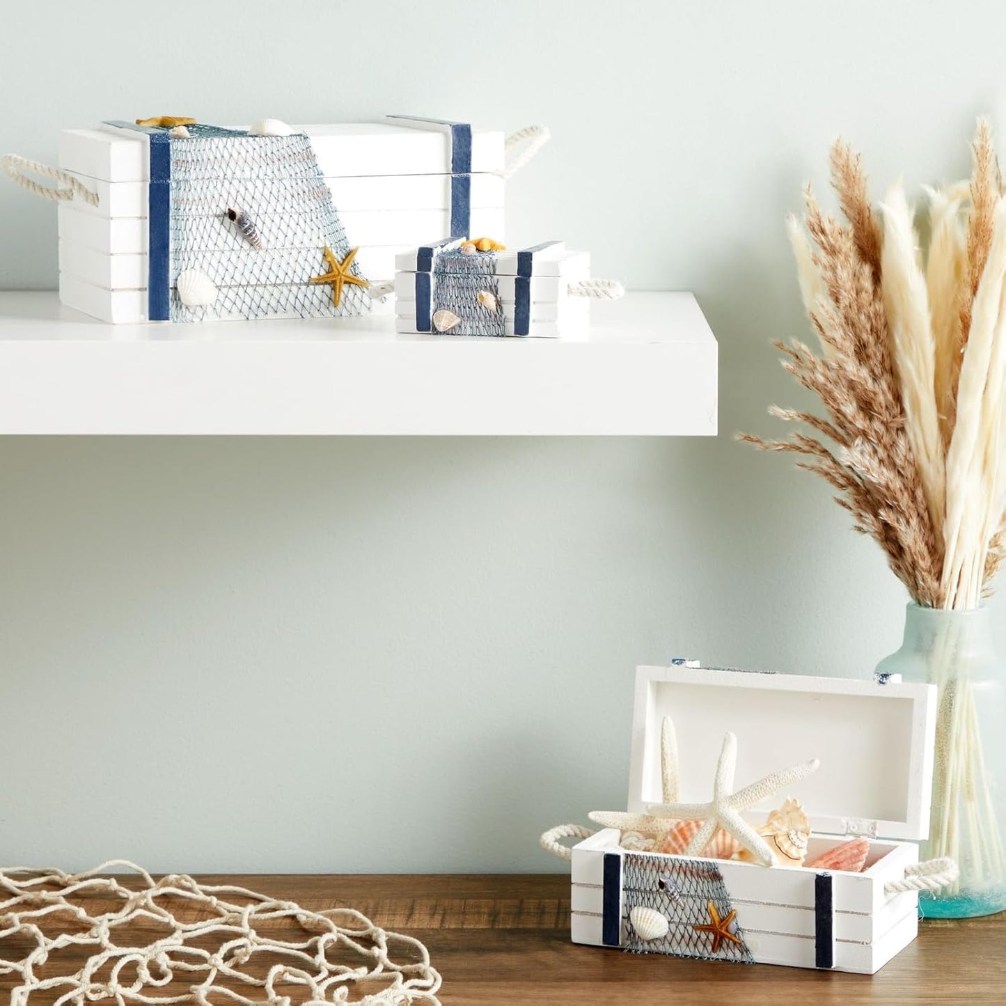 Juvale Nautical Wooden Jewelry Box Set - Jewelry Storage & Nautical Decor Boxes with Lids - Coastal Decor Table Centerpiece