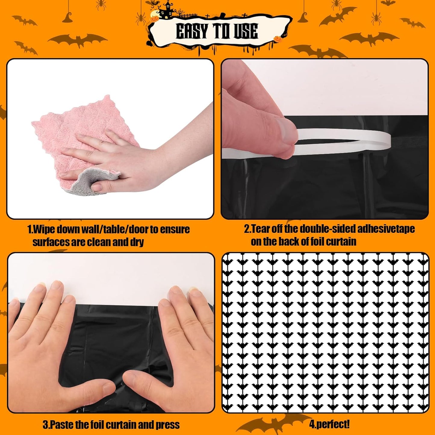 CANREVEL 2 Pack 3.2x6.5 Feet Halloween Foil Fringe Backdrop Curtains, Black Bat Tinsel Streamers Party Decorations, Fringe Backdrop for Wall Door Indoor Outdoor Decorations