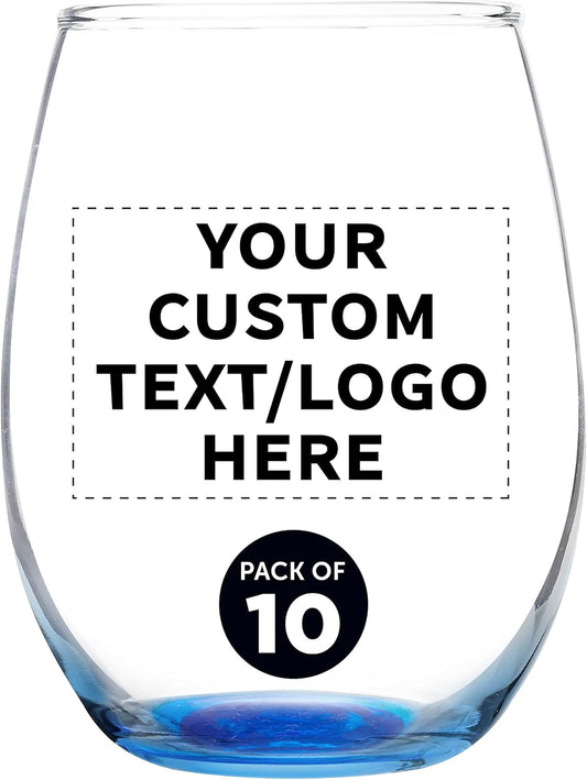 Custom Stemless Wine Glass 9 oz. Set of 10, Personalized Bulk Pack - Great for Wedding Favors, Bachelorette Party Decorations, Party Favors, Color Bottom - Blue