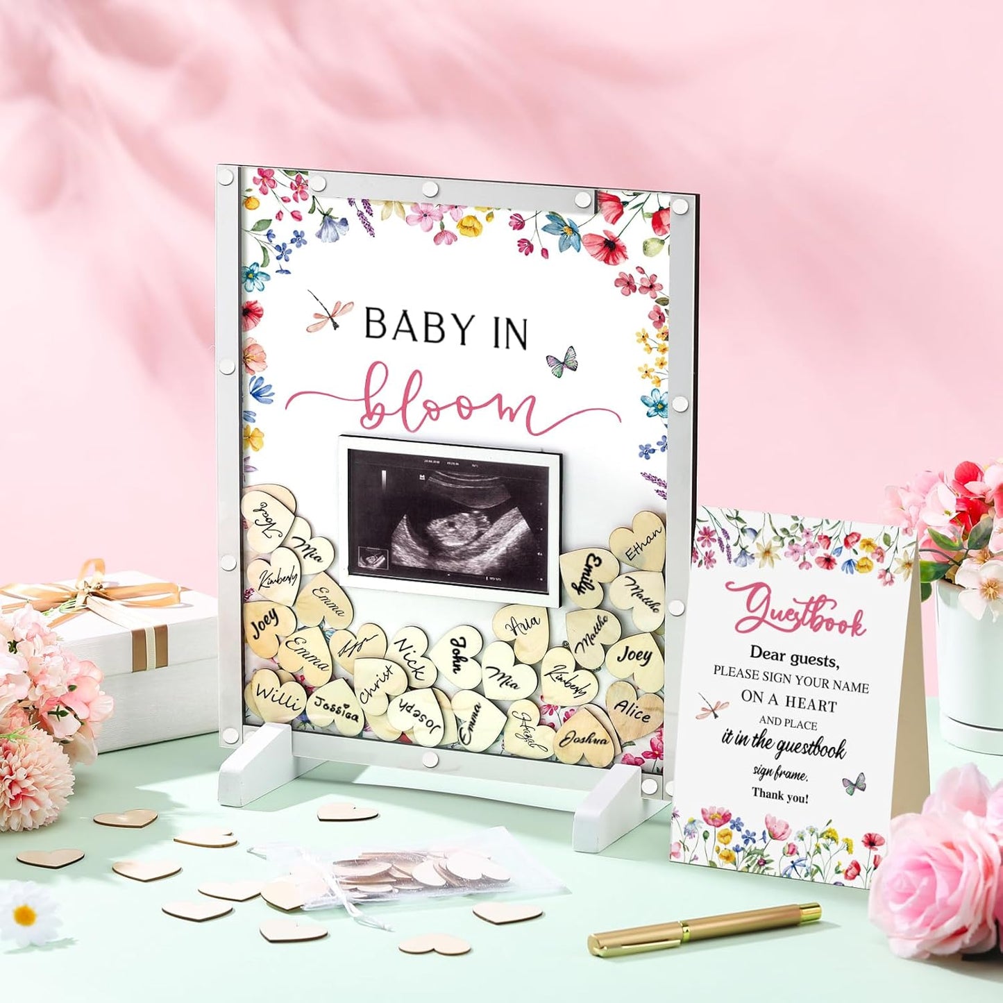65 Pcs Wildflower Baby Shower Guest Book Alternatives He or She Gender Reveal Baby Shower Decorations Sign in Guest Book with Picture Frame and 60 Wooden Chip