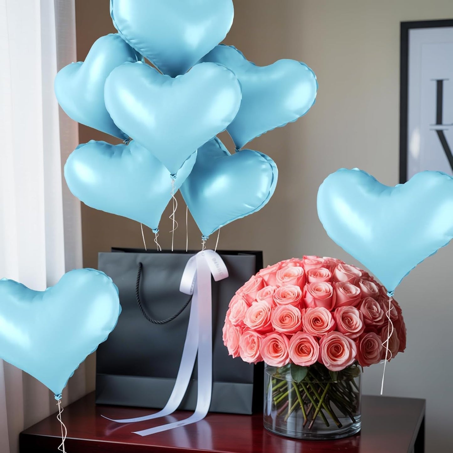 24 Inch Blue Heart Balloons, Heart Shaped Foil Balloons, Baby Blue Helium Balloon for Valentines Day Baby Bridal Shower Anniversary Wedding Gender Reveal Birthday Party Decorations