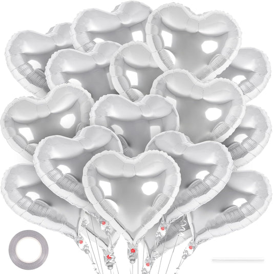24 Pcs Silver Heart Balloons,18 inch Heart Shape Foil Balloons Love Balloons Valentine Balloons for Birthday Party Wedding Engagement Party Baby Shower Valentine Day Decorations (Silver)