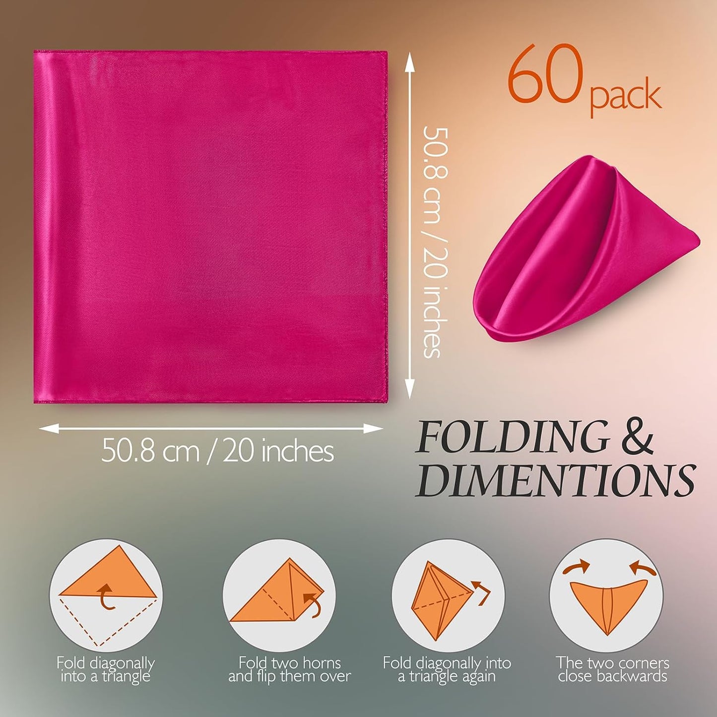 Manyshofu 60 Pieces Hot Pink Satin Napkins - 20x20 Inches Cloth Napkins, Square Satin Fabric Napkins Set - Soft & Reusable Table Napkins for Wedding Dinner Party Lunch
