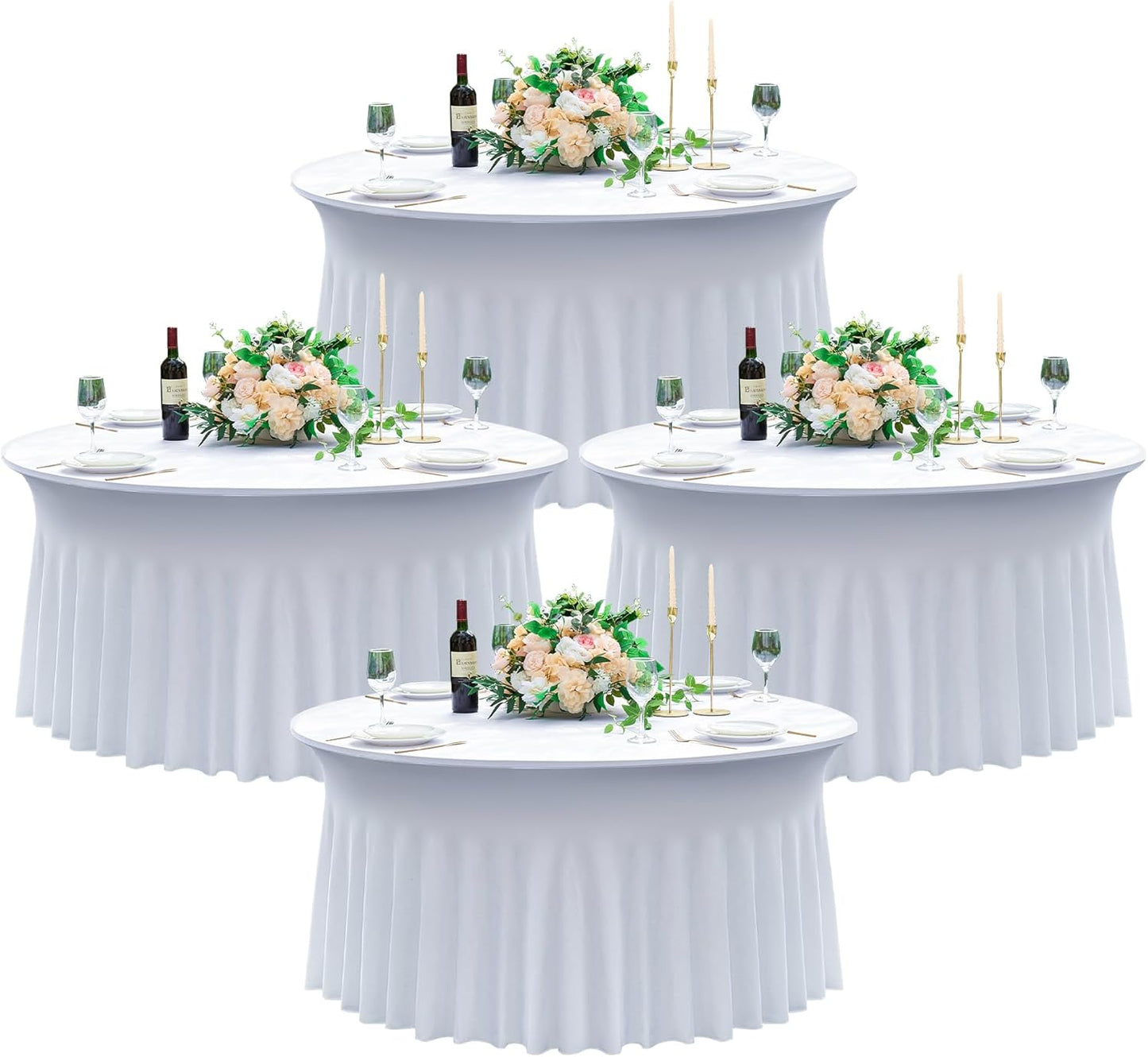 4 pk White Round Spandex Tablecloth for 60in Tables, Wrinkle Free Stretchy 120inch Fitted 5FT Table Cloths Round Table Covers with Skirt for Wedding Party Dining Banquet Events