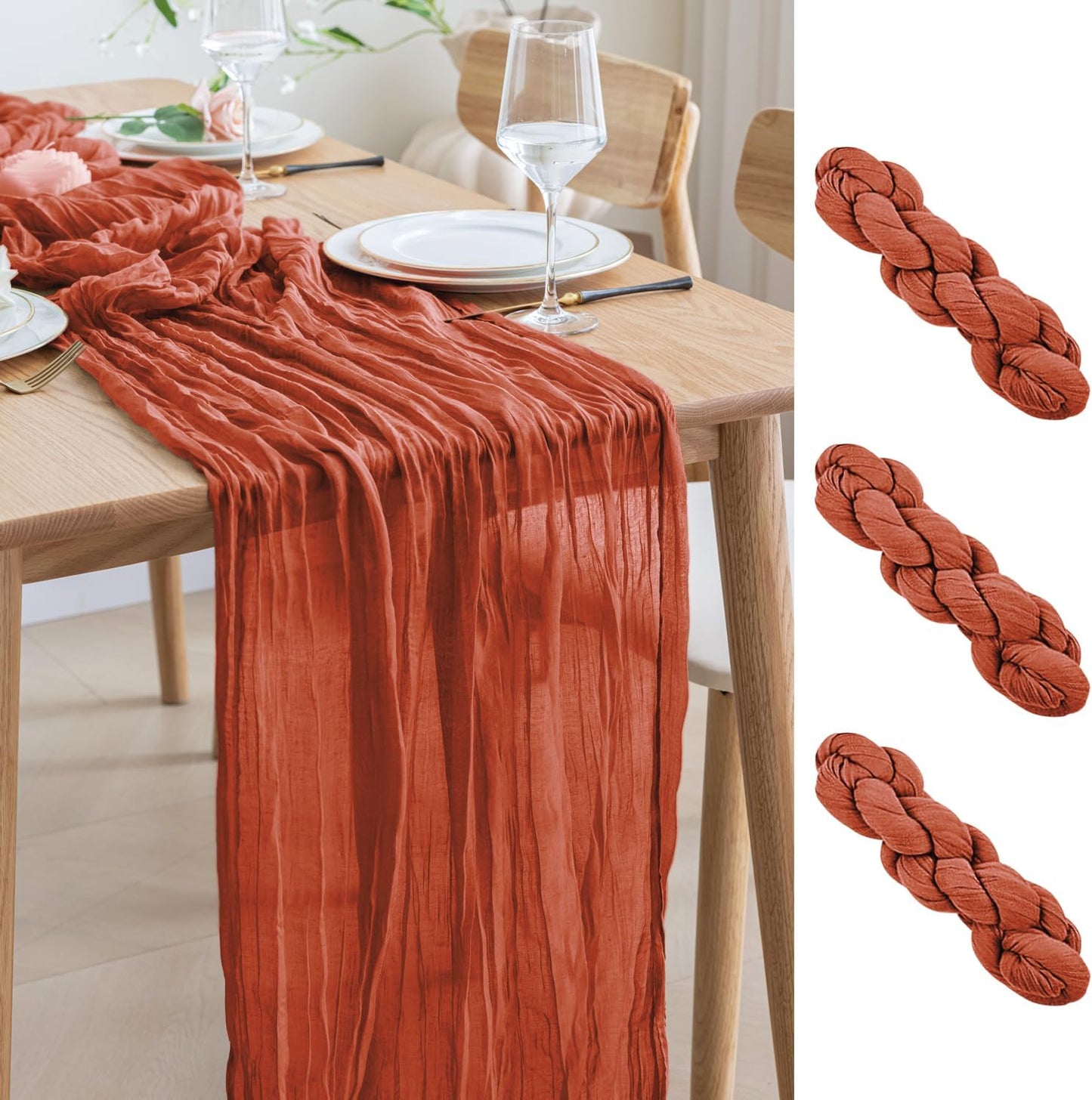 Asee'm 3pcs Cheesecloth Table Runner 120 Inches Long Terracotta Boho Gauze Cheese Cloth Runner 10FT Rustic Sheer Fall Table Runners for Thanksgiving Christmas Wedding Party Baby Shower Decoration