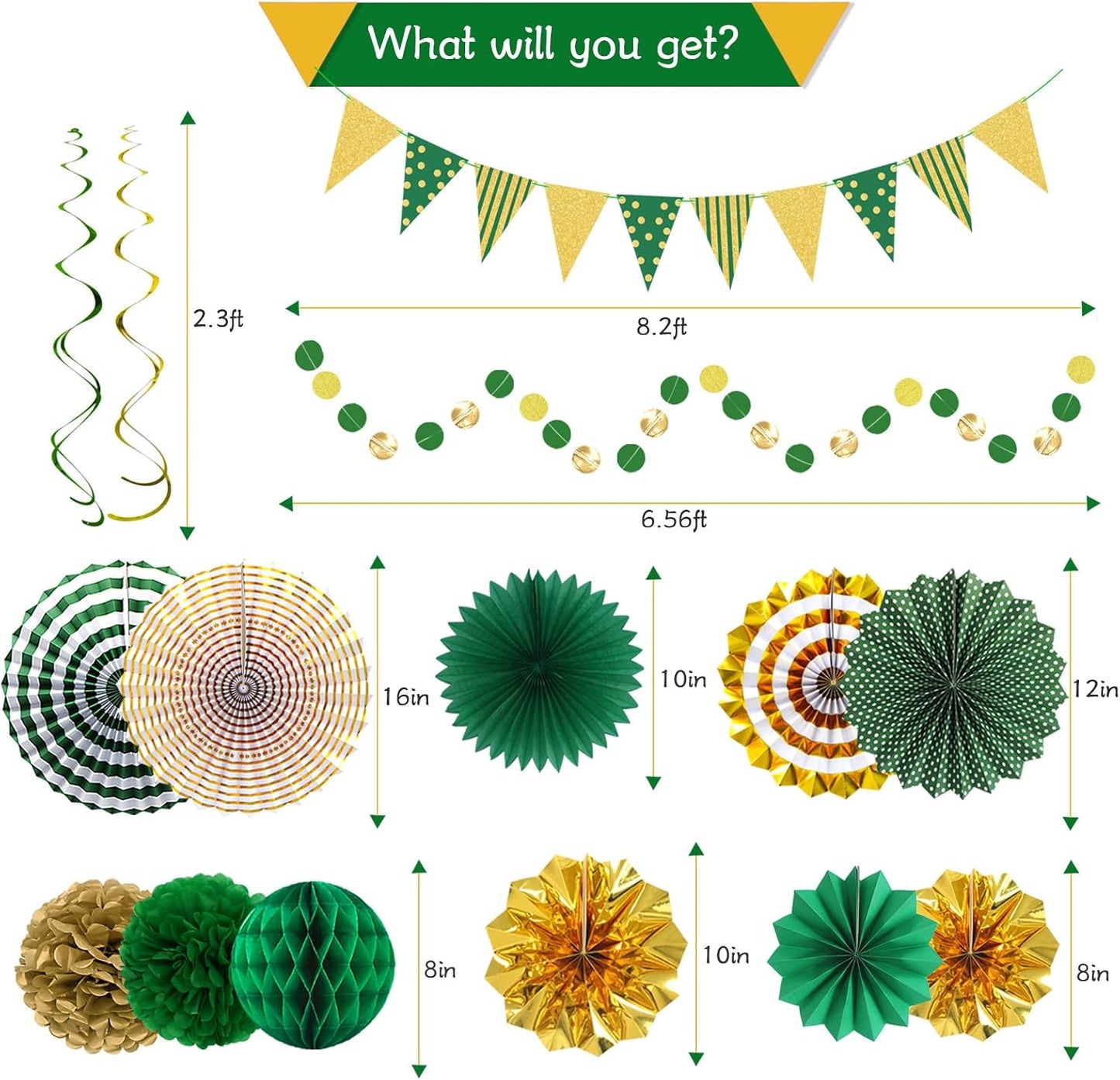 Green Gold Party Decorations Paper Fans, Graduation Season Hanging Glitter Triangle Flags Banner Hanging Paper Fan Happy Birthday Banners and Triangular Flag, Bridal Shower,Green Themed Birthday