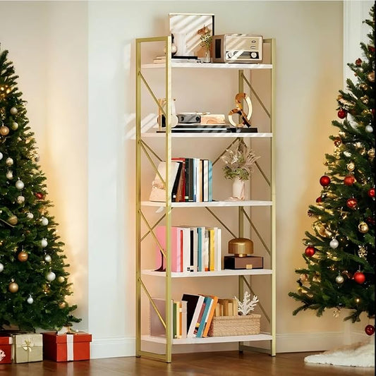 DWVO Gold Bookshelf, Modren 5 Tier Bookcase, Storage Shelves Organizer Standing by DWVO