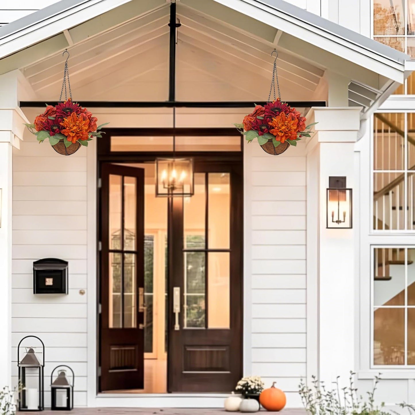 Hydrangea Fall Hanging Baskets Sunflowers Artificial Flowers Fall Hanging Decor Sunflowers Flowers Red Orange Fake Hydrangea Faux Plants Indoor Outdoor for Porch Garden Autumn Decorations for Home