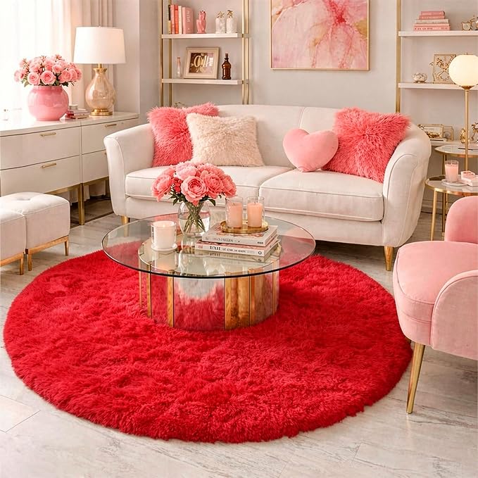 Red Small Round Rug 3Ft for Boys Bedroom, Fluffy Shag Circle Area Rugs for Kids - Image 5