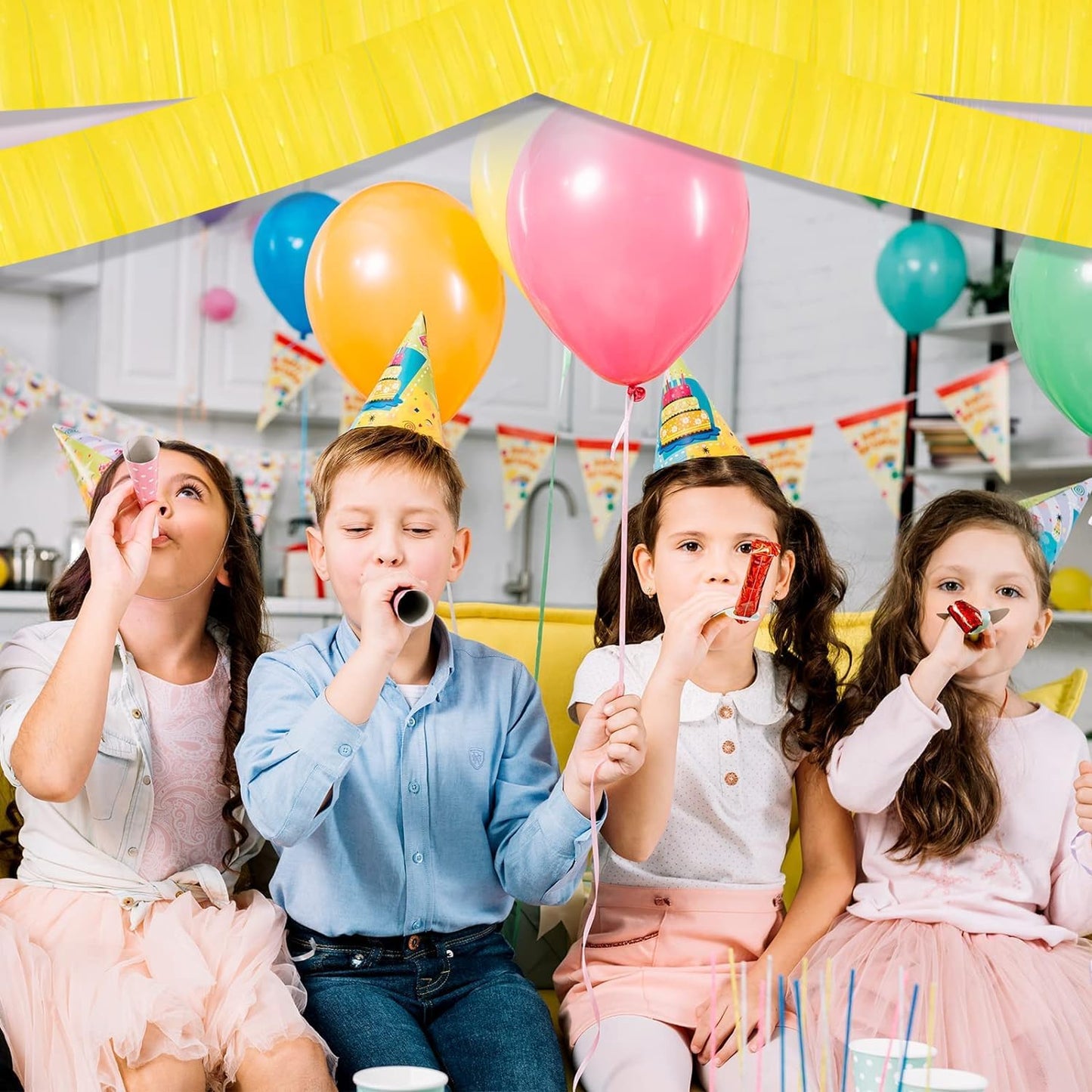 4P Metallic Foil Fringe Tinsel Streamer Banner Table Skirts for Rectangle Tables Backdrop Garland Curtains for Parade Floats Wedding Graduation Anniversary Birthday Parties Decoration (Makaron Yellow)