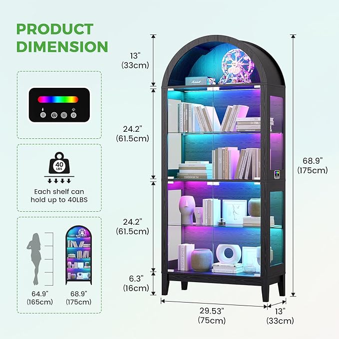 HNEBC Arched Display Case with RGB Lights, LED Curio Cabinet with Shelf - Image 2