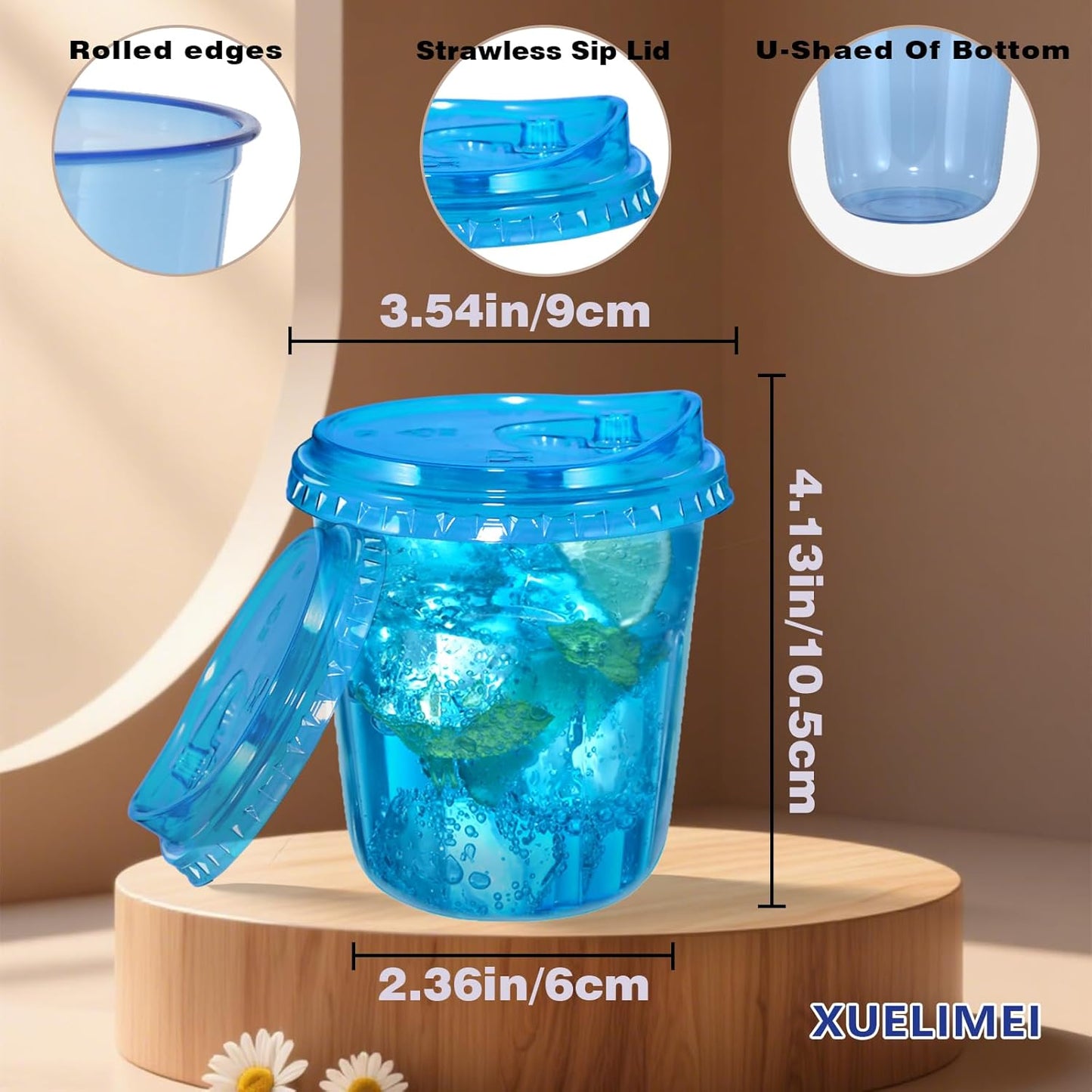 12oz Disposable Stemless Glasses With Strawless Sip Lids,PET Disposable Drinking Cups,Clear Plastic Wine Glasses for Parties Birthday,Wedding,Meeting,Christmas Party Supplies. (50, Blue)