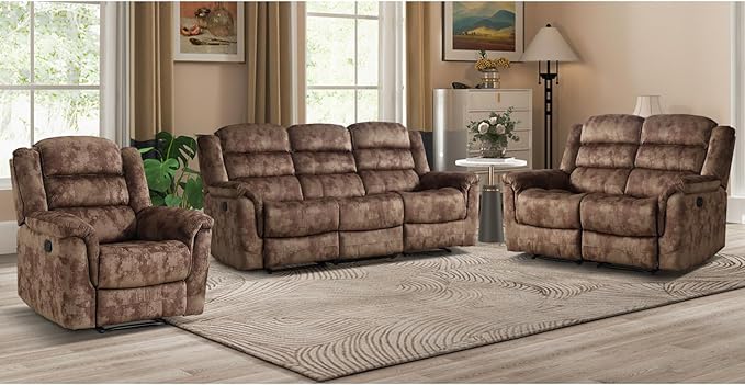 EBELLO 3 Pieces Reclining Living Room Set, Overstuffed Soft Fabric Manual - Image 7