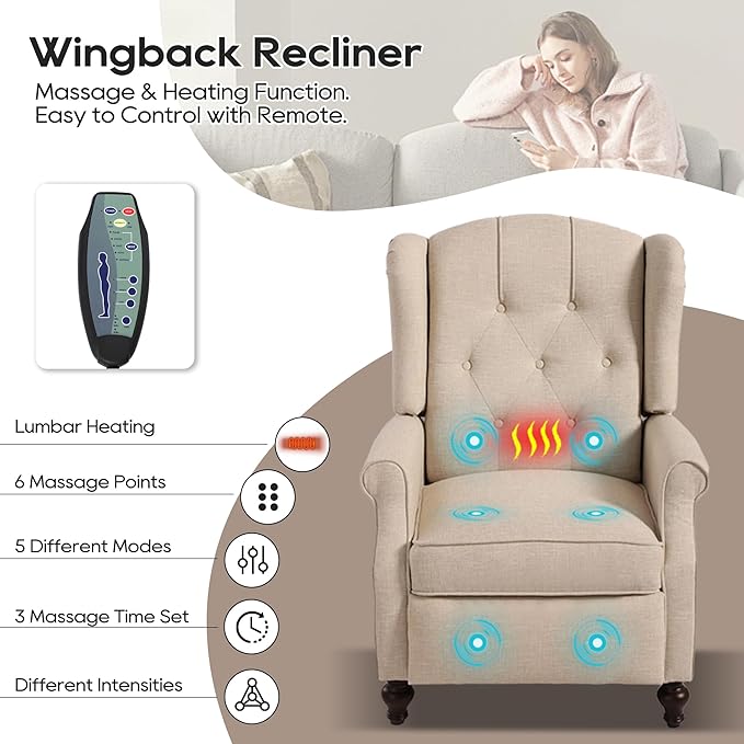 Wingback Chair with Massage and Heat, Tufted Fabric Pushback Recliner Chair - Image 3