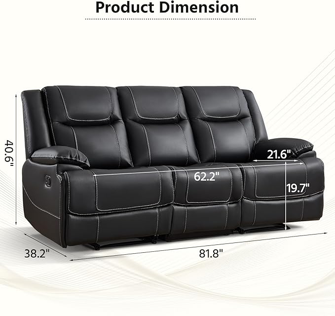 ANJ Premium Genuine Leather Manual Reclining Sofa Couch, Overstuffed 3-Seater - Image 2