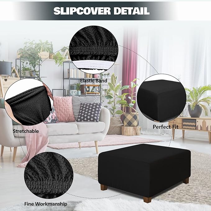 NeColorLife Square Ottoman Cover Jacquard Fabric Thick Stretchable Slipcover - Image 2