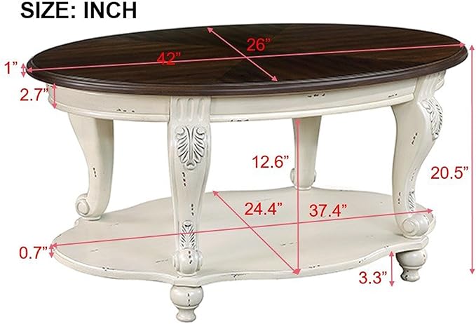 Oval Wood Coffee Table for Living Room, 2-Tier Solid Wood Coffee Table - Image 3
