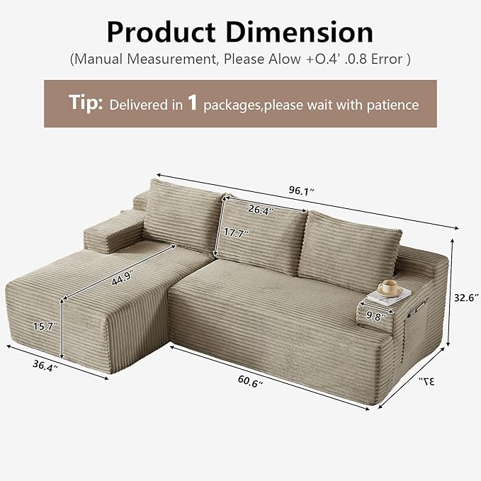 96" Cloud Sectional Couch with L-Shape Chaise, Modular Comfy Sofa Chaise Longue - Image 2