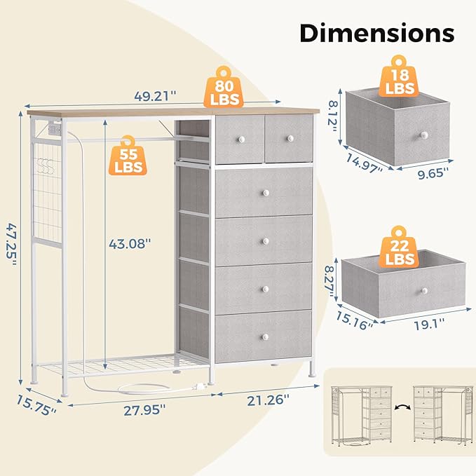 DUMOS Dresser for Bedroom with Hanging Rack, 6 Drawer Fabric Dresser with - Image 3