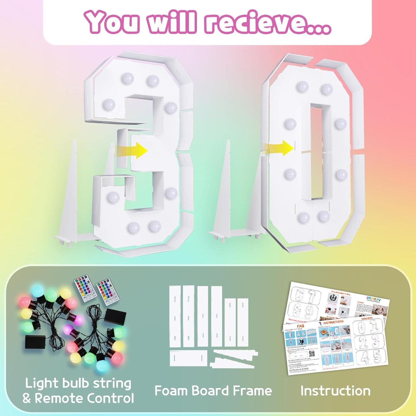 Marquee Numbers 30th-Birthday Decoration: Colorful 3FT Large Light Up 30 Year Old Birthday Decorations Anniversary Backdrop for Boys Girls Cardboard Sign 18 Colors Number 30 Mosaic Balloon Frame