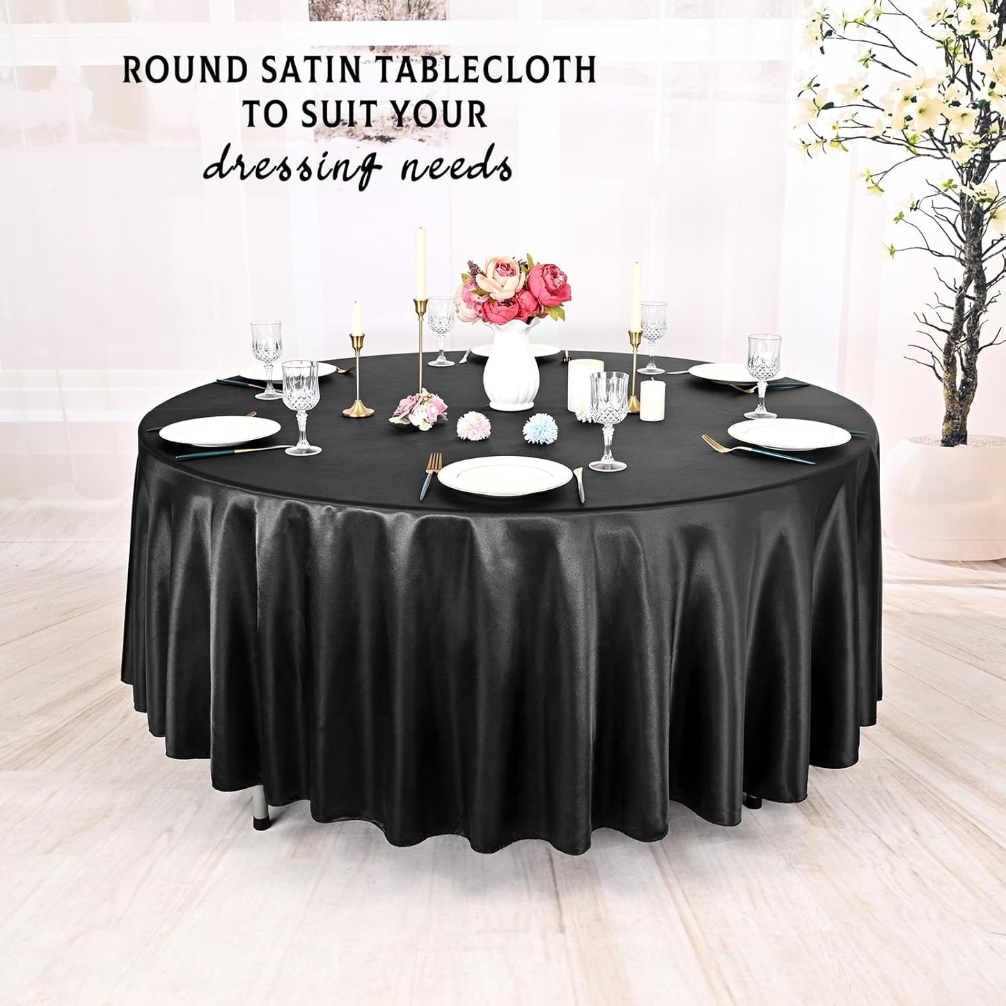 10 Packs Satin Tablecloth 120 Inch Black Round Table Cloth Silk Tablecloth Smooth Fabric Overlay Satin Table Cover Decoration for Wedding Party Banquet Events