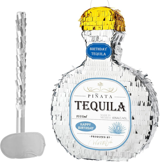 WERNNSAI Tequila Bottle Pinata - Disco Party Decorations for Adults Silver Patron Tequila Pinata with Blindfold for Bachelor Birthday Party Supplies 11.7” x 16.5”