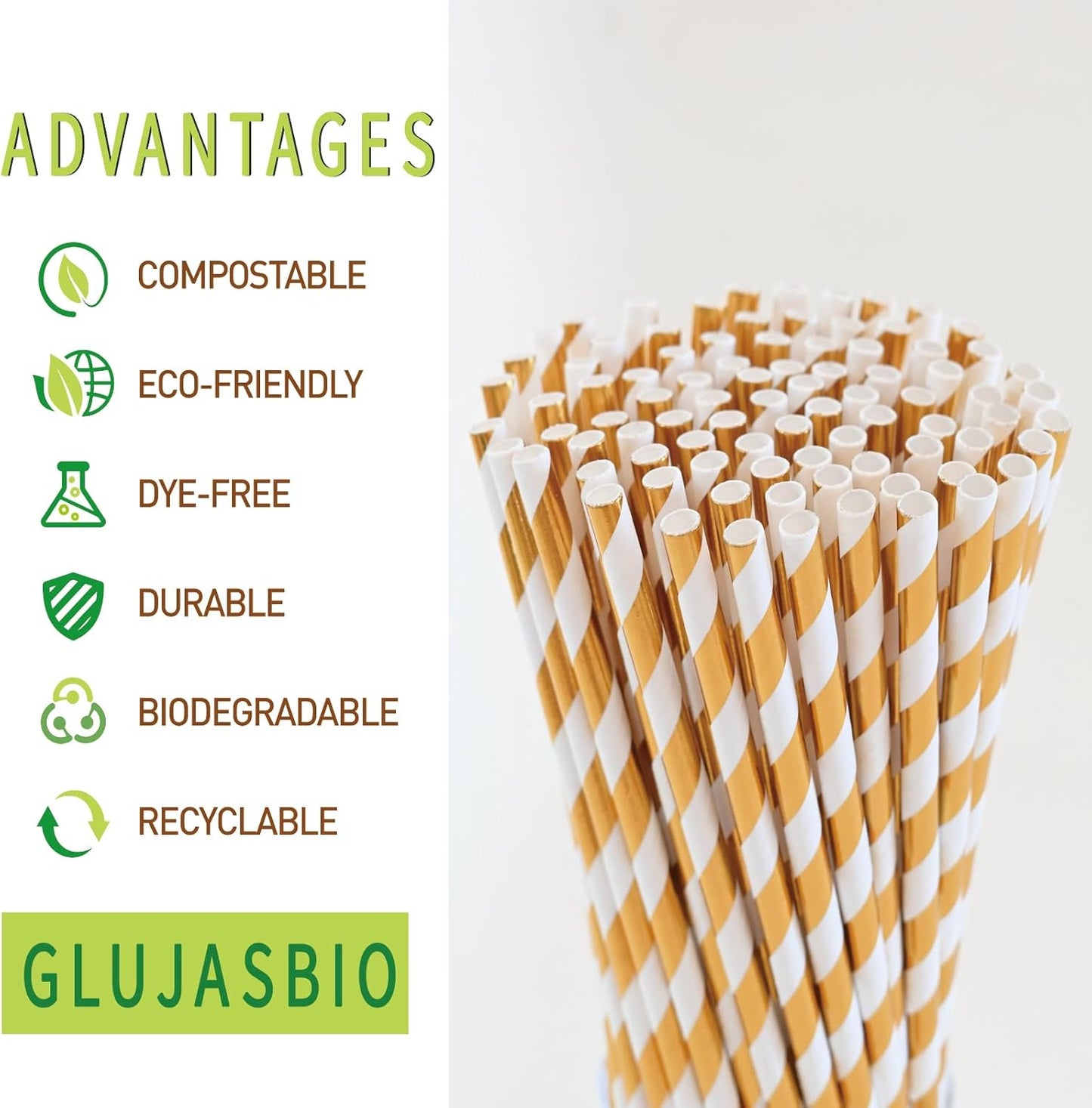 Disposable Gold White Straws - 7.75 Inch Striped Compostable Drinking Straws for Beverages, 100 Pack