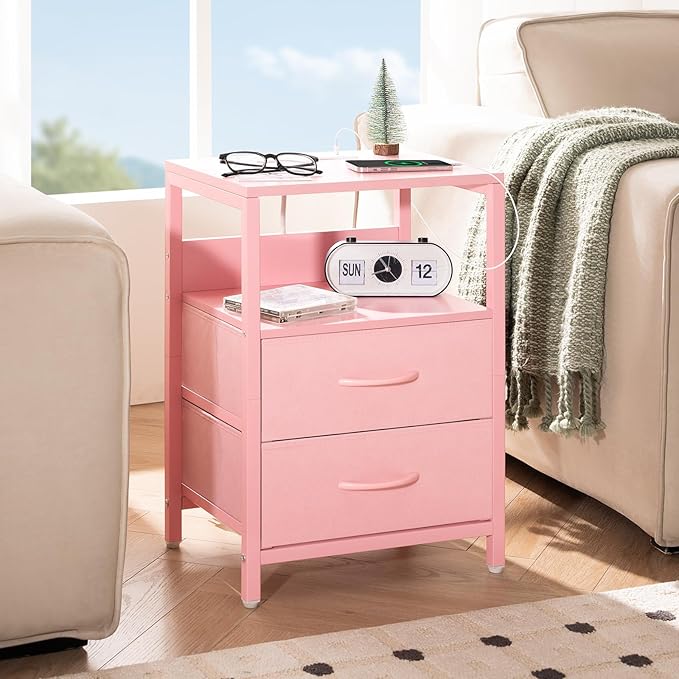 Yoobure Nightstand with Charging Station, Small Night Stand with Fabric Drawers - Image 2