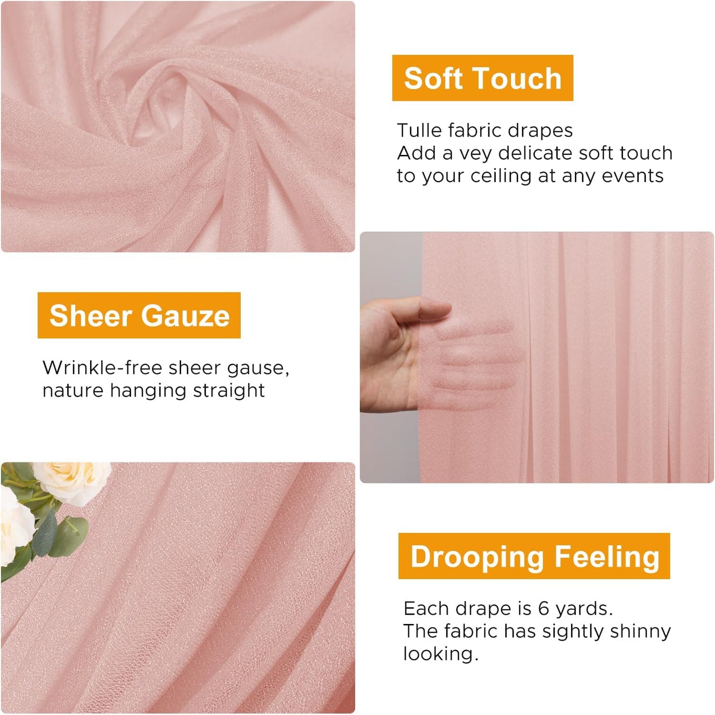 Wedding Arch Draping Fabric 4 Panels 28.7" x 20FT Blush Sheer Chiffon Backdrop Drapes for Wedding Ceremony Birthday Party Bridal Shower Outdoor Decoration