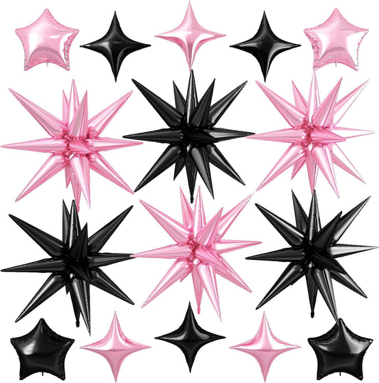 Pink Black Star Balloon,16Pcs Star Foil Balloons Set with 22Inch Explosion Spike Cone Balloons and 10Inch Quadrangle Helium Balloon for Birthday Wedding Baby Shower Party Decorations