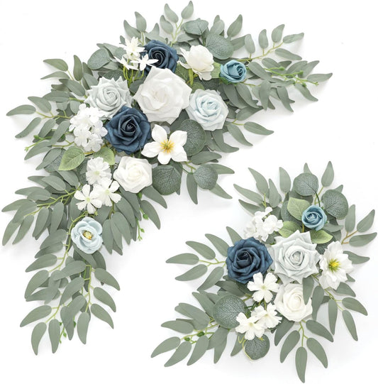Faux Flower Swag Set of 2 for Wedding Welcome Signs Floral Swag Wedding Reception Ceremony Signs Decor (A-White Blue)