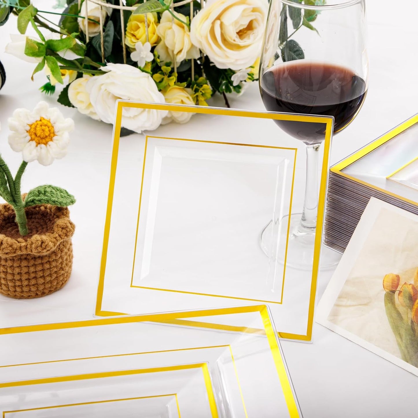 Festiva 176Pcs Clear and Gold Plastic Plates - Square Clear Plates with Gold Trim - Dinnerware Set for 25Guest include Cups Cutlery Napkins for Thanksgiving Party&Wedding&New Year