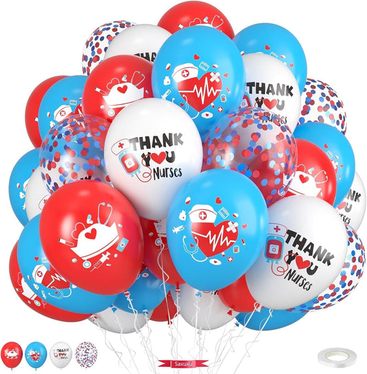 Medical Balloons, 12 Inch Blue White Red Balloons with Medical Icons for Graduation Party Nursing School Celebrations Appreciation Events Blue White Themed Decorations