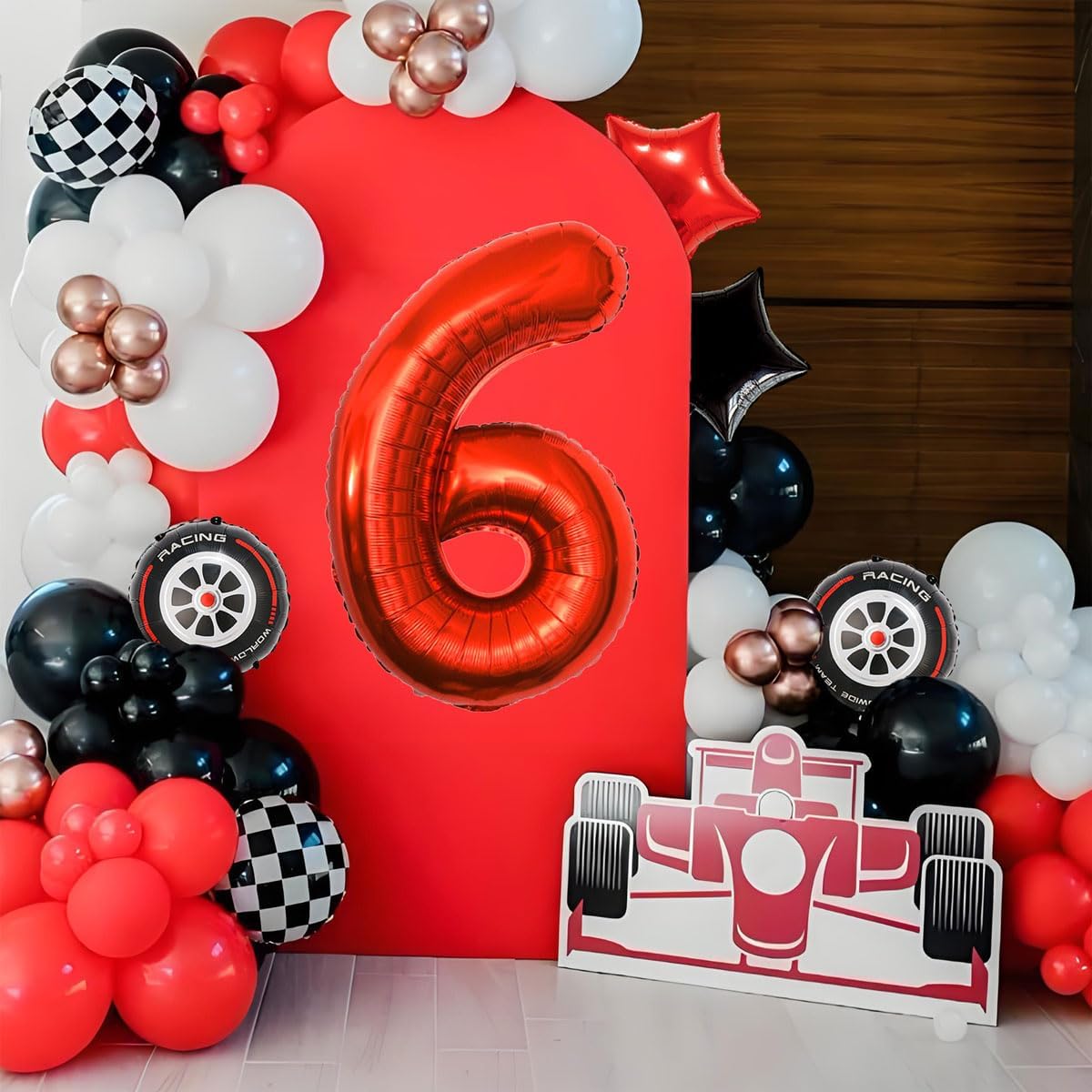 Race Car Birthday Decorations - 40 Inch Mylar Red Number 6 Balloons - Black Foil Checkered Race Car Balloons for 6st Birthday Race Cars Themed Party Decorations Supplies