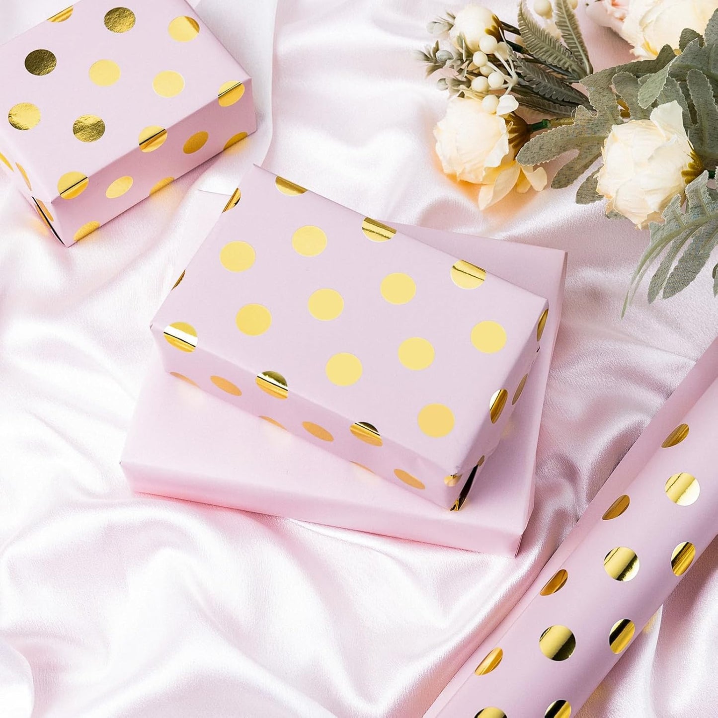 Burymento Pink and Gold Dots Wrapping Paper, Reversible Pink Gift Wrap for Birthday, Valentines, Mothers day, Graduation, Wedding, Fathers day, Baby Shower, Christmas (17in x 32.8ft)