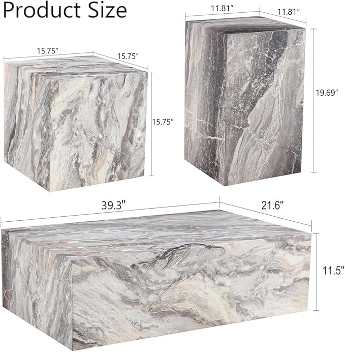 Coffee Table Set for 3, Living Room Table Set, Faux Marble Coffee Table and - Image 2