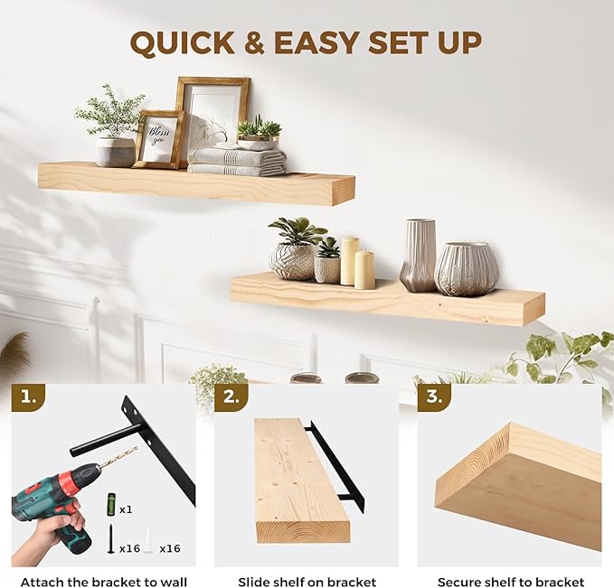 36x8x1.6 inch Floating Shelves Set of 2 – Solid Wood Rustic Wood Wall Mounted - Image 5