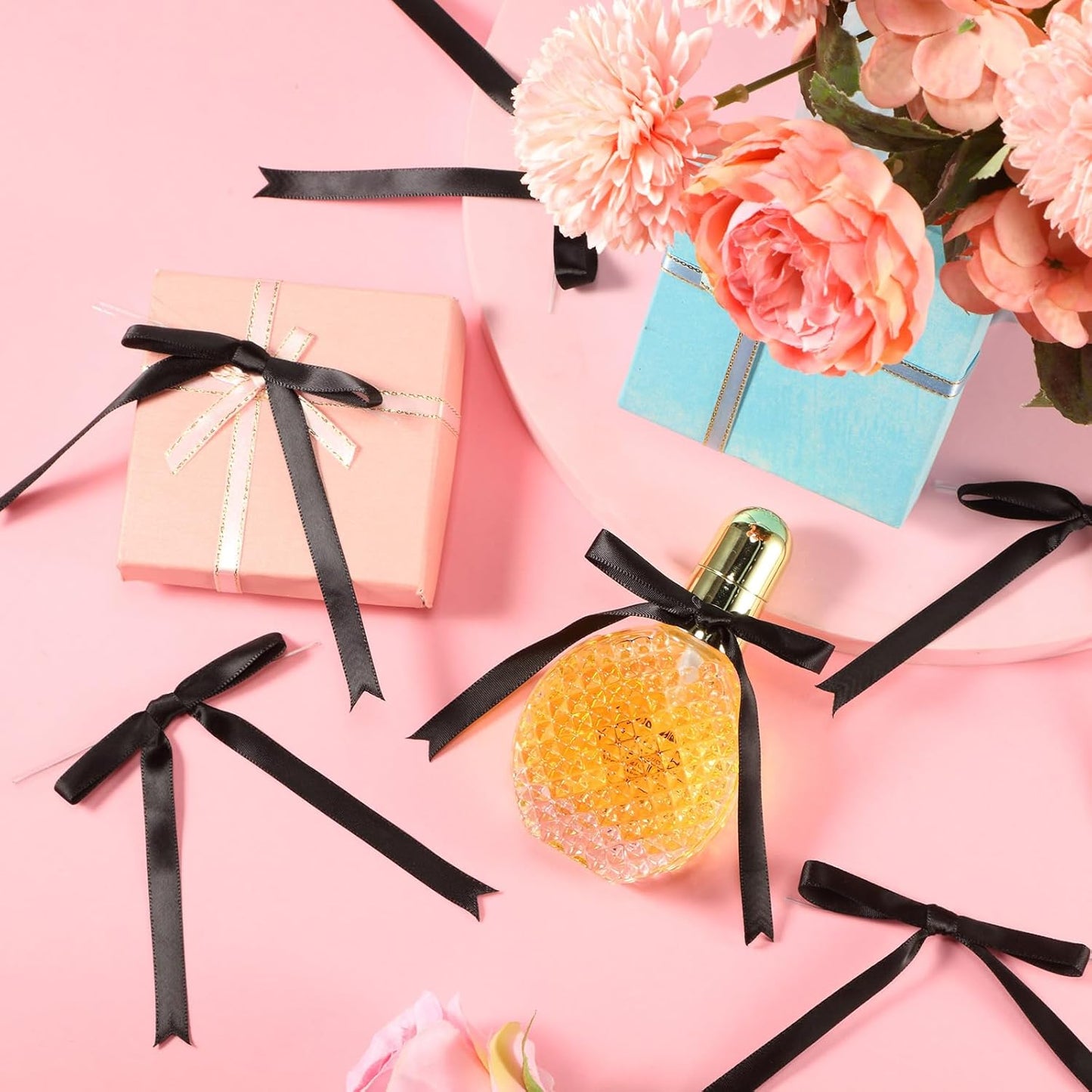 Riceshoot 50 Pcs Twist Tie Bows for Cake 3x4.5 Inch Satin Ribbon Bows for Gift Wrapping Treat Bags Craft DIY Wedding Baby Shower Birthday Party(Black)