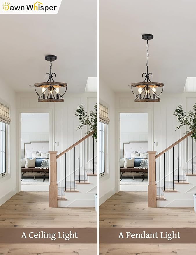 12.9 Inch Farmhouse Chandelier for Dining Room Wood Drum Chandelier Light - Image 6
