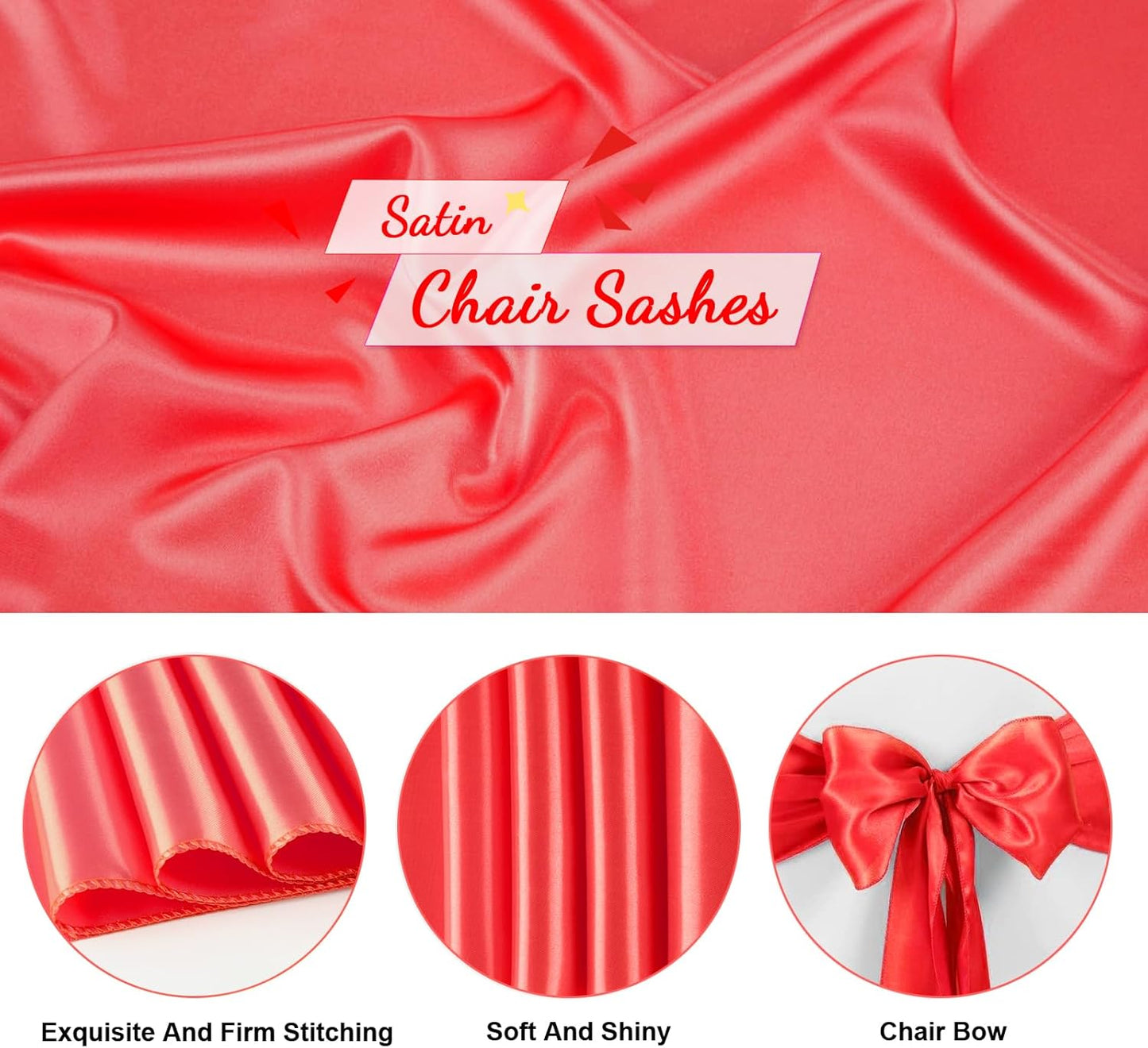 10 PCS Red Satin Chair Sashes Bows Universal Chair Ribbon Ties Back Sash for Wedding Party Reception Events Banquets Hotel Event Chair Cover Decoration (7x108 inch)