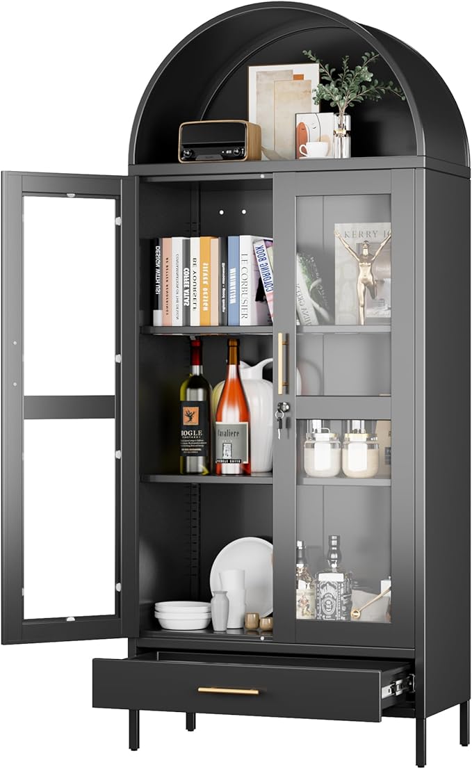 Arched Cabinet with Glass Doors, Modern Kitchen Pantry Cabinet with 2 by GANGMEIMENTALSTORAGECABINET