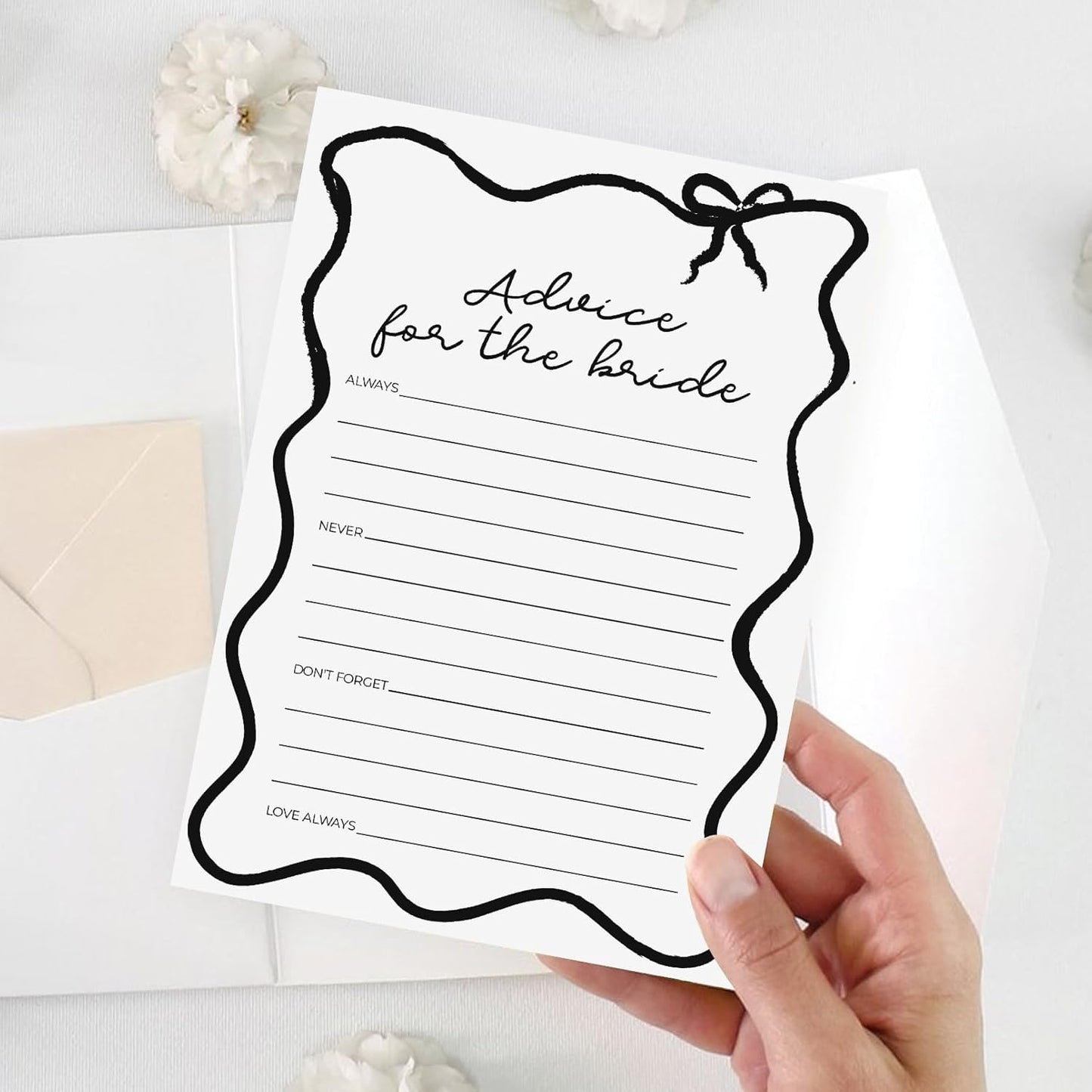 DEEKA 30 PCS Bridal Shower Games Card for 30 Guests Black Wavy Border Ribbon Bow Funny Wedding Bachelorette Party Games for Reception (Advice for The Bride)