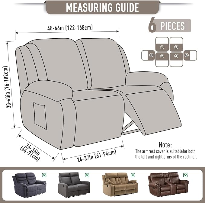 TAOCOCO Recliner Loveseat Slipcover, 6 Pieces Dual Recliner Sofa Covers - Image 5