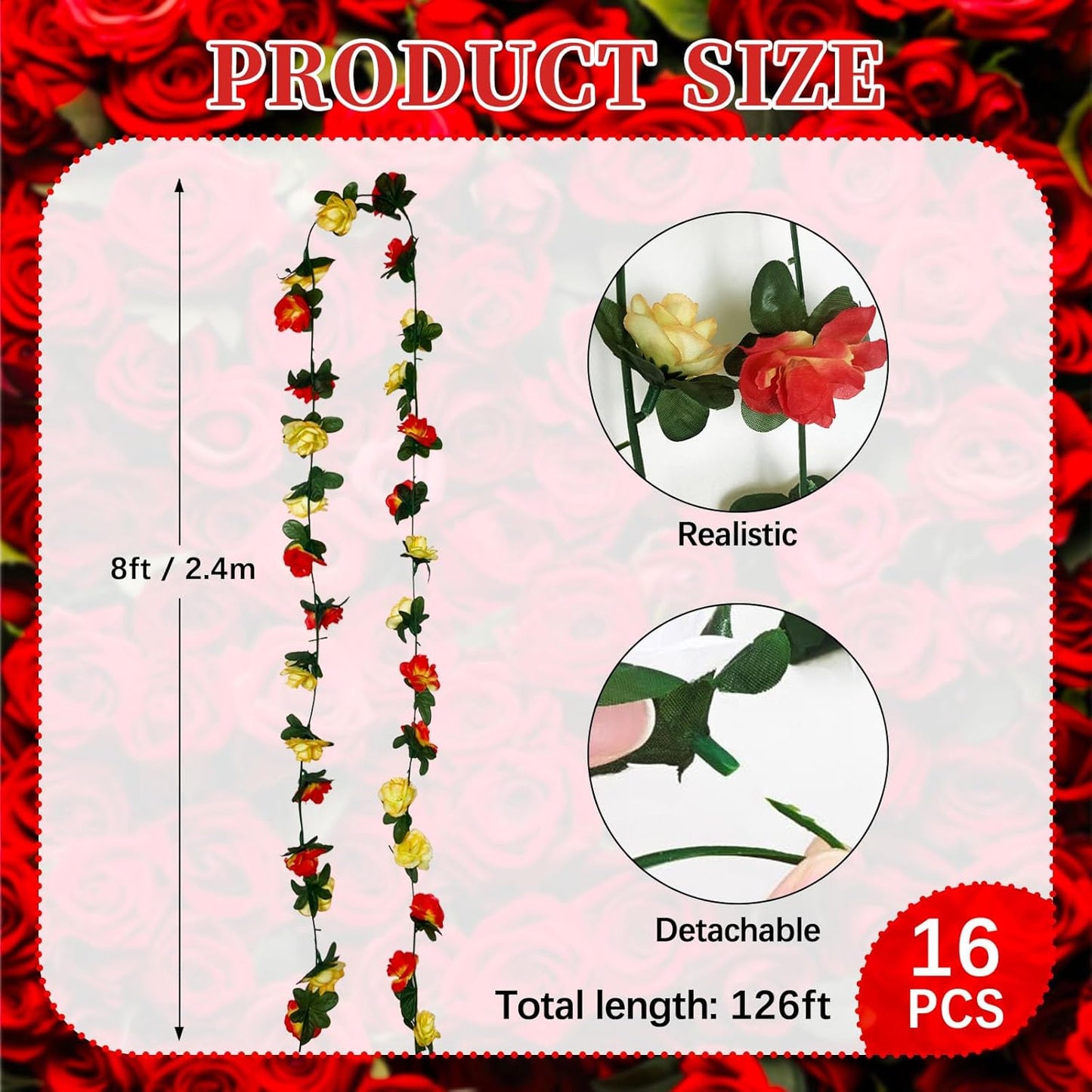 16Pcs 126Ft Pink&Yellow Rose Garland, Fake Rose Hanging Flowers, Artificial Flower Vine, Hanging Floral Vine Garland for Wedding, Birthday Party, Wall Arch, Halloween, Christmas Garden Backdrop Decor