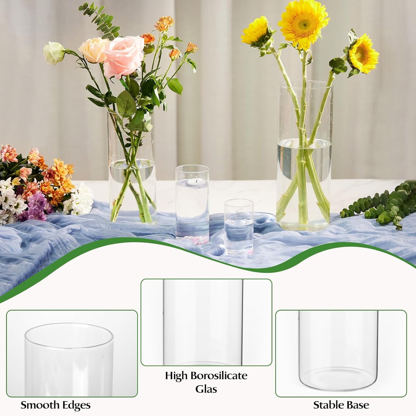 24pcs Clear Glass Cylinder Vases, 4, 6,10,12 inch Tall Hurricane Floating Candle Holder Vase for Centerpieces,Glass Candle Vase Flower Vase for Table Shelf, Wedding, Party,Home & Office Decor
