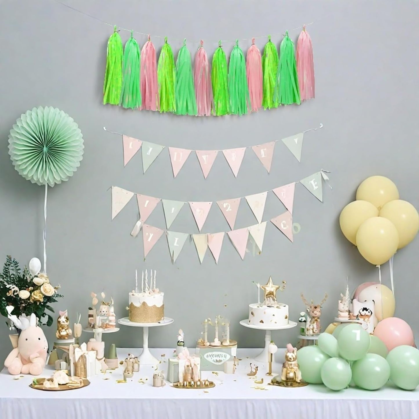 Green Light Green and Pink Tassel Garland Banner Paper Tassels for Party Decorations,Pack of 15